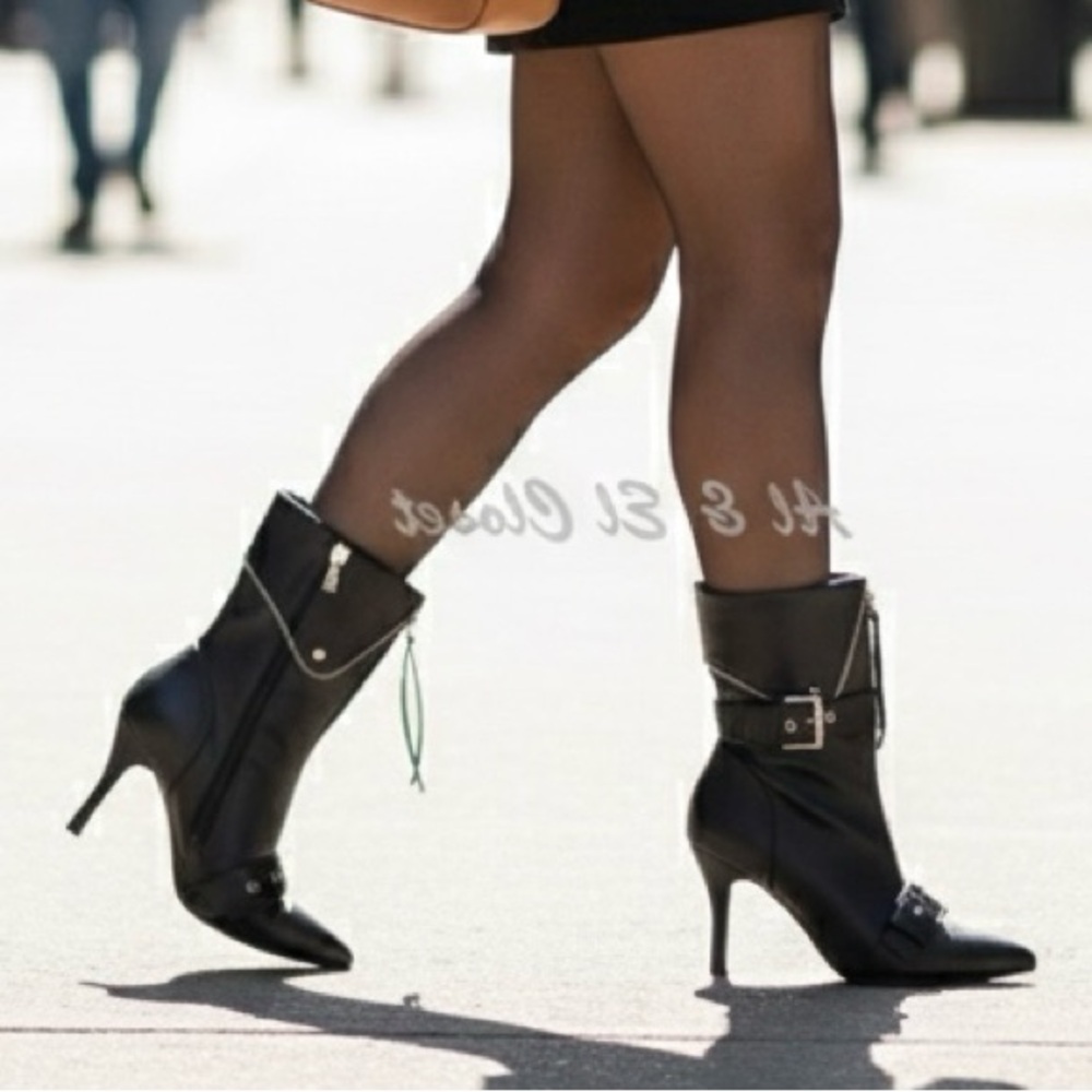 A New Day Black Buckle Pointed-Toe Stiletto Ankle Boots | Vegan | Sz 8 NWB